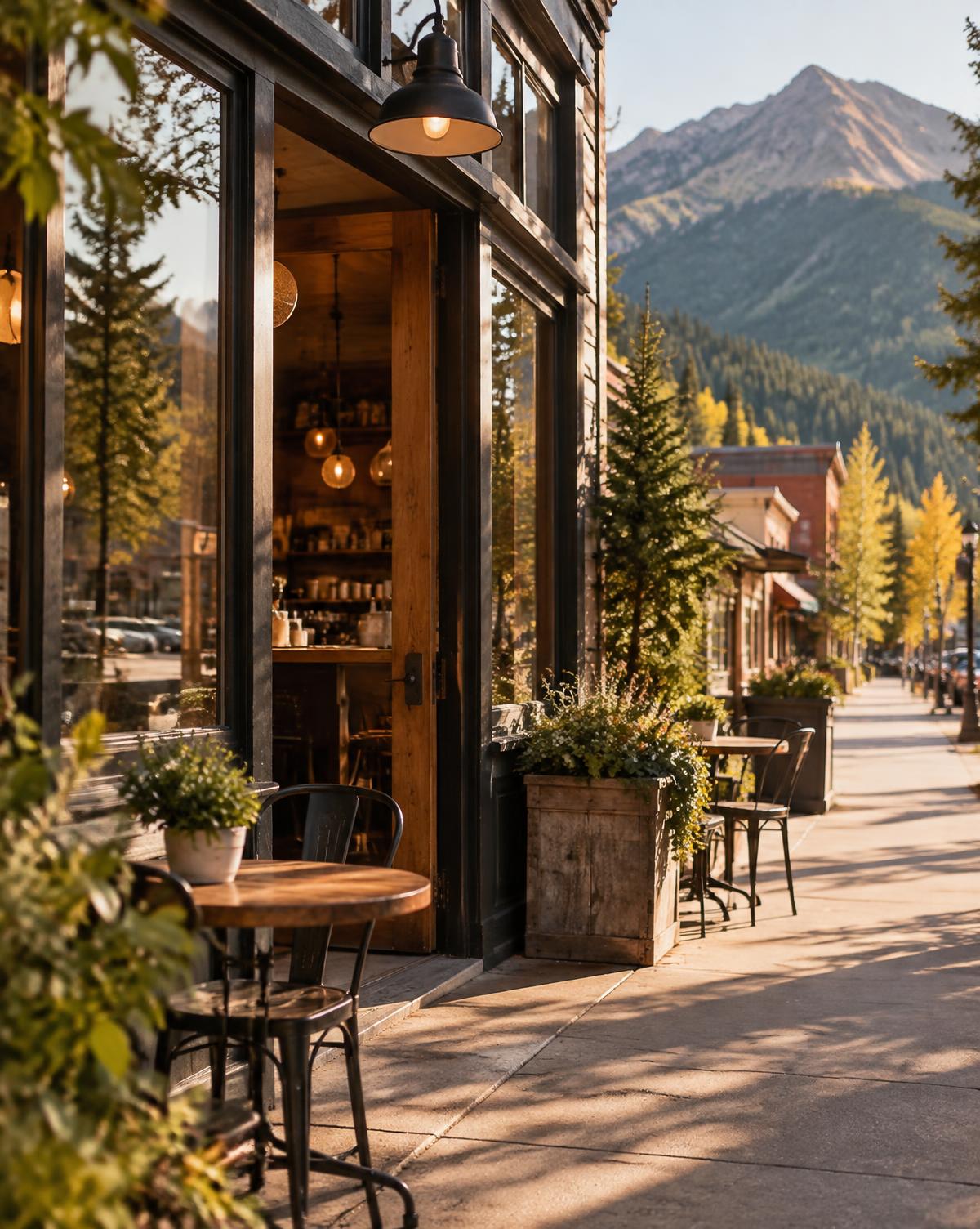 A mountain-town café on a sunny alpine main street